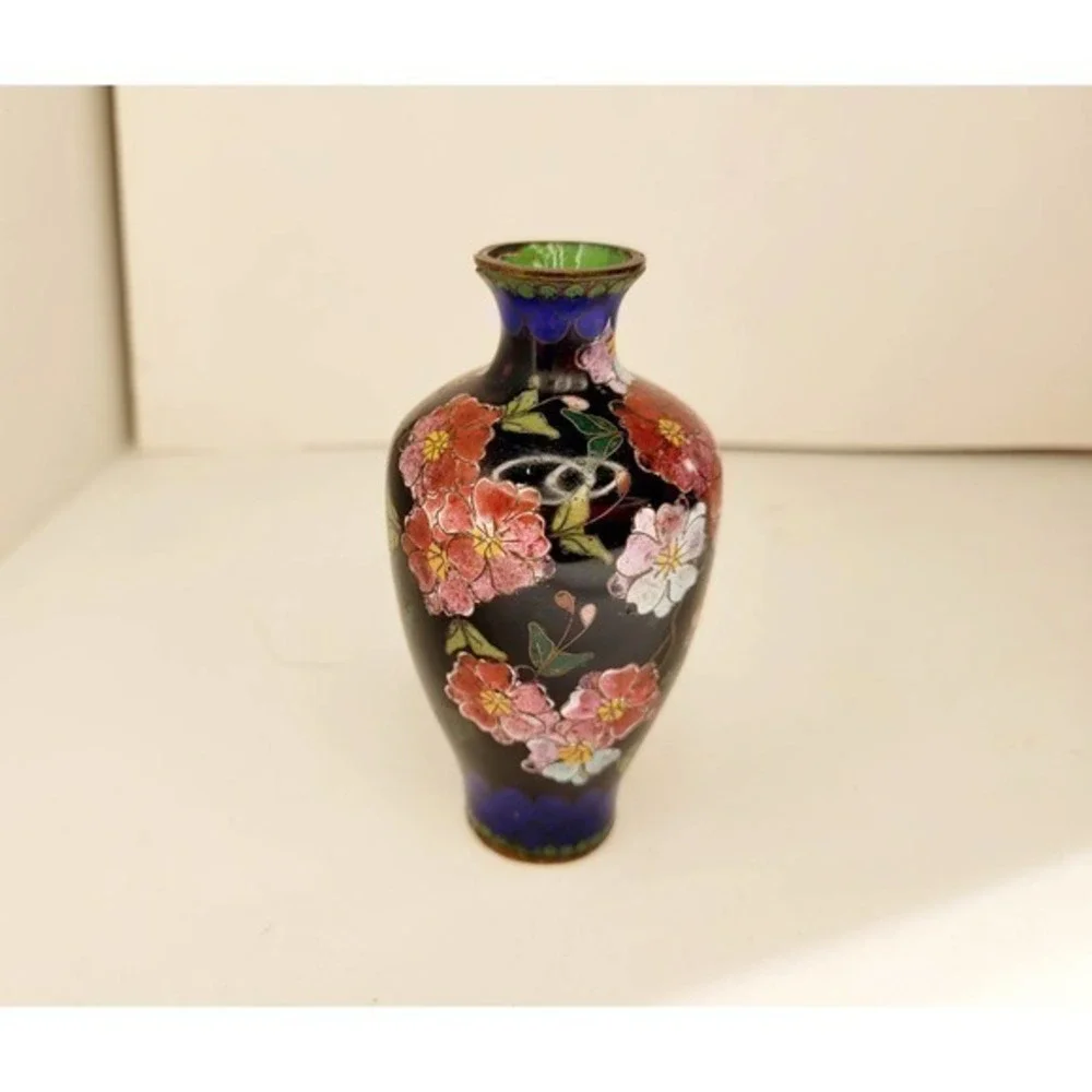 HP Antique Chinese Blue Pink Floral Chrysanthemums Butterflies‎ Cloisonné Vase